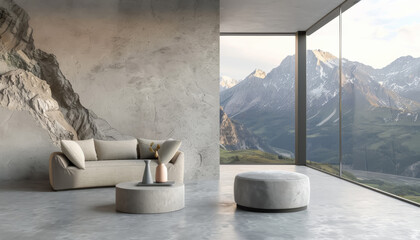 Poster - 3d rendering of modern living room interior with blank wall mockup, white concrete floor and furniture, window with light. Minimal home design concept