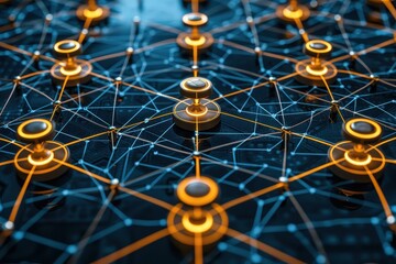 Abstract futuristic network concept with glowing nodes and interconnected lines representing data, technology, and digital communication.