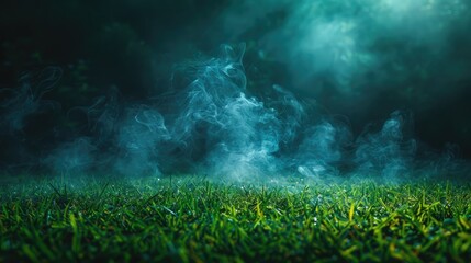 Wall Mural - Smoke green background dark ground light smell of toxic black bad fog stadium stink mist. Background green grass smoke cloud fart soccer night field dust poison potion floating sport transparent dirty