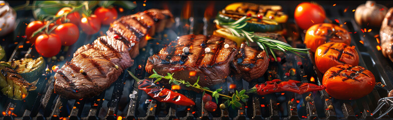 Wall Mural - Grilled Steak and Vegetables - Juicy steak and vegetables being grilled over a fire. A perfect summer meal.