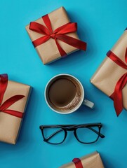 A cozy scene with a cup of coffee, glasses, and wrapped presents on a blue surface