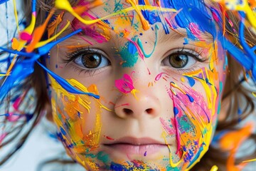 Child with whimsical paint splashes in bright colors blending harmoniously