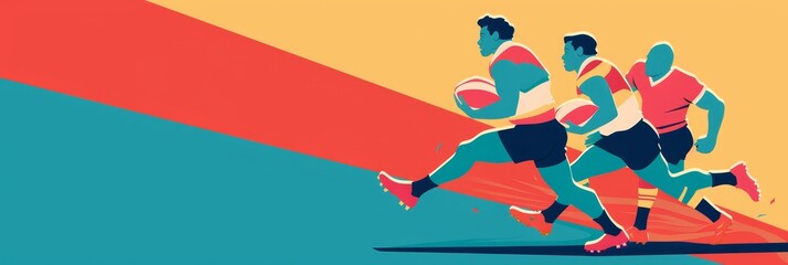 Poster - Rugby Players in Action: A Dynamic Illustration of Teamwork and Speed - Three rugby players running with the ball in a dynamic illustration that captures the speed and excitement of the game. The play