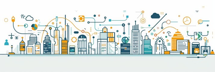 Wall Mural - Smart City Illustration: Technology, Innovation, and Connectivity - A stylized illustration of a smart city, emphasizing its interconnectedness and technological advancements. The image uses lines and