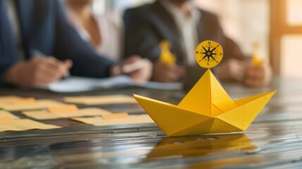 A yellow paper boat with a compass sails away from a group, representing an entrepreneur taking a new direction in their business.