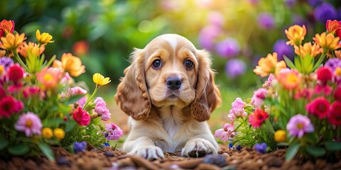 Sticker - Adorable cocker spaniel puppy surrounded by colorful flowers , pet, dog, puppy, cocker spaniel, flowers, colorful, adorable