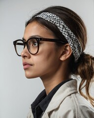 Wall Mural - young beautiful nerd woman side view portrait on plain white background