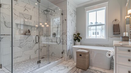 Canvas Print - Modern Bathroom with Glass Shower, White Tub and Marble Tiles.