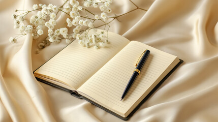 An elegant notebook with a pen, lying open on a beige silk background