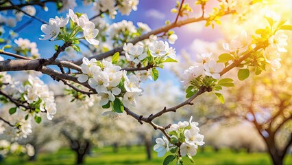 Wall Mural - Apple tree branches full of white blossoms under the sunlight on a beautiful spring day, spring, apple tree, blossom