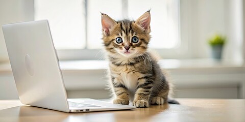 Wall Mural - adorable kitten coding on a computer, cute, coder, programming, technology, kitty, adorable, compute