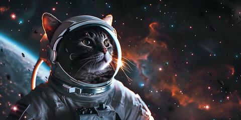 Wall Mural - a cat wearing an astronaut helmet against a starry space backdrop