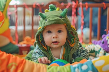 a baby wearing a green dragon costume laying in a crib