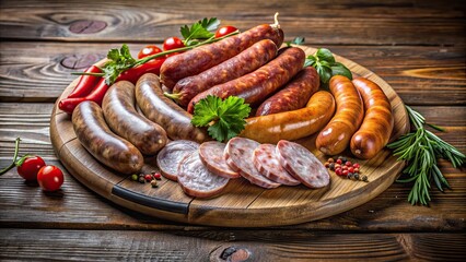 Wall Mural - Artisanal sausages displayed on a rustic wooden platter , Gourmet, Delicious, Charcuterie, Rustic, Food photography