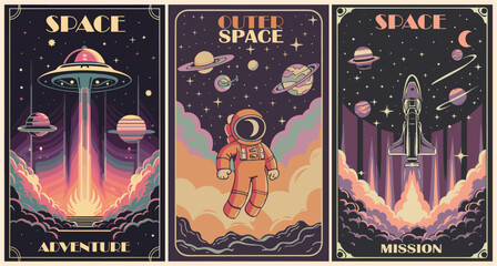 Wall Mural - Astronaut in space retro Posters, backgrounds, covers vector set. Space and the universe concept. Cosmonaut in spacesuit walking by alien planet, spaceship flying. Vintage style illustrations.