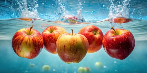 Sticker - Apples floating in clear water , fruit, healthy, fresh, produce, natural, vibrant, colorful, organic, vegetarian, refreshing, aquatic