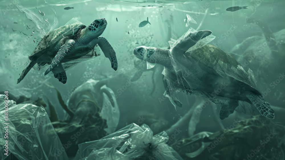 ภาพประกอบ Stock Sea turtles swimming among ocean plastic pollution ...