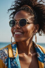 Wall Mural - Vertical portrait of cheerful young black african american woman wearing sunglasses on sunny summer beach vacation