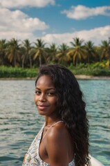 Wall Mural - Vertical portrait of cheerful young black african american woman wearing sunglasses on sunny summer beach vacation