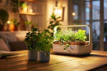 sustainability with a minimalist eco-friendly practice in smart indoor garden, such as composting or using energy-efficient LED grow lights, promoting sustainable living through indoor gardening hobby