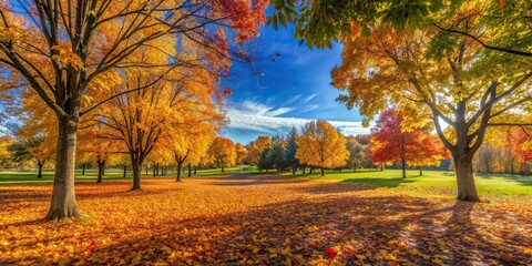 Wall Mural - Beautiful autumn day in the park with colorful leaves on the ground, trees, and a clear blue sky, autumn, park, fall, colorful