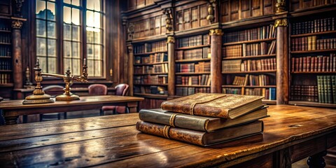 Wall Mural - Ancient books resting on a weathered wooden desk in a historic library setting , ancient, books, wooden desk, old