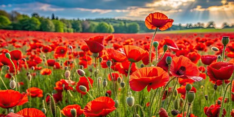 Sticker - Beautiful field of vibrant red poppies in full bloom, field, poppies, flowers, red, vibrant, nature, bloom, landscape, outdoors