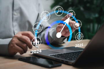 Business trends 2025 target and development, Businessman goal setting of business strategy digital marketing Profit trends long-term investment, Challenge, Targets growth to optimize performance