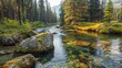 © nitiroj - Rocky mountain stream with clear, rushing water, surrounded by moss-covered boulders and tall pine trees