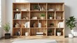 © KC. - Clear view of a modern IKEA bookcase with geometric shapes and a natural wood frame, white backdrop, Vector art