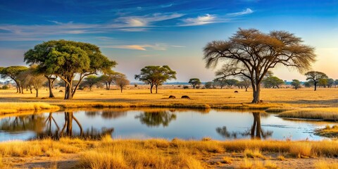 african landscape in the hwange national park, zimbabwe, savannah, sunset, elephants, wildlife, acac