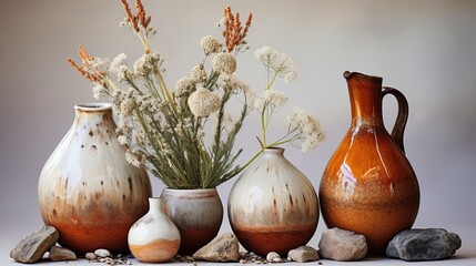 Wall Mural - A rustic clay jug with natural textures, complemented by a handcrafted glass, both exhibited on a stand with organic forms against a clean white 