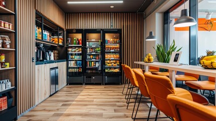 Modern Office Kitchenette with Snack Vending Machines and Seating.