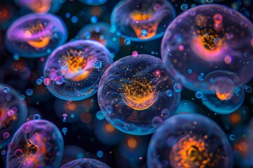 human cell or embryonic stem cell microscope background, generative ai