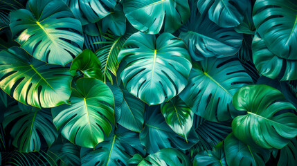 Sticker - Lush Green Monstera Deliciosa Leaves Background