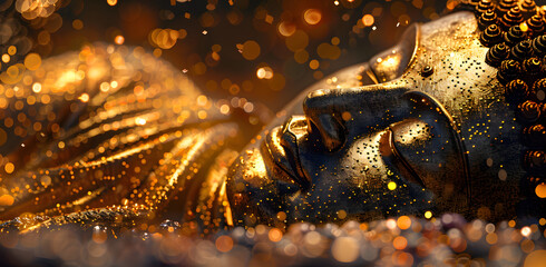 Wall Mural - golden buddha face with golden glitter, laying on the ground, shiny background