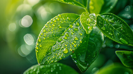 Canvas Print - Dew Drops on Lush Green Leaves