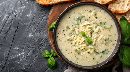 Wall Mural - A rich, creamy soup garnished with fresh cheese and black pepper, served in a bowl alongside slices of crusty bread on a wooden cutting board.