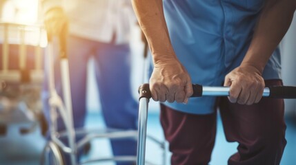 Wall Mural - A beautiful female physical therapist stands and watches an elderly man practice walking slowly with a walker at a hospita