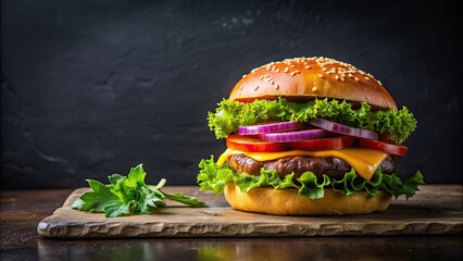 Sticker - Burger with cheese, tomatoes, red onions, cucumber and lettuce on black slate over dark background , burger, cheese