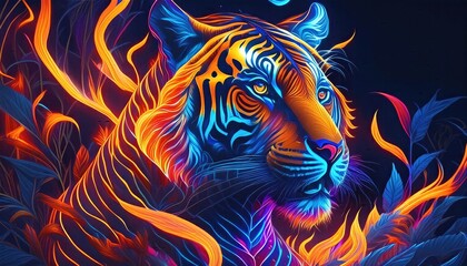 Naklejka na meble Tiger tattoo art, tiger neon lights - tattoo art, fantasy effect with fire 