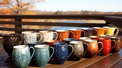 A set of handcrafted pottery mugs, each one glazed with earthy tones, on a wooden shelf 