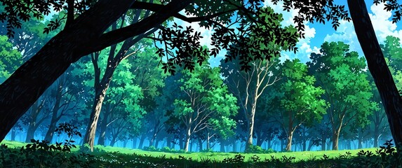 Wall Mural - trees on dark forest anime cartoon illustration art design