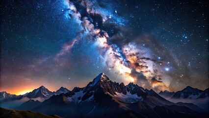 Canvas Print - Beautiful nighttime panorama of mountain ridge with starry sky, mountains, ridge, panorama, night, stars, sky, landscape