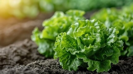 Wall Mural - Close-up of vibrant and fresh green lettuce heads flourishing in a garden bed, bathed in sunlight, reflecting health, vitality, and organic gardening success.