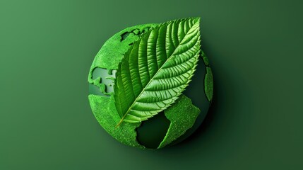 Green leaf in the shape of Earth on a green background symbolizing environmental conservation and sustainability.