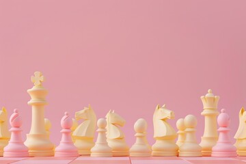 Cute Cartoon Chess Pieces on Pink Background - Whimsical 3D Design for Posters and Cards