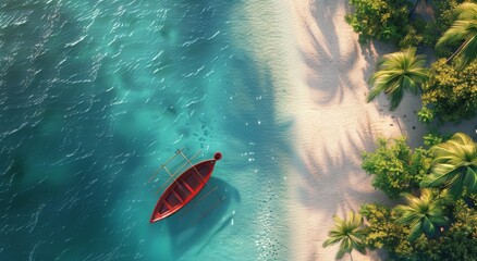 Canvas Print - Aerial View of a Red Boat on a Sandy Beach With Palm Trees