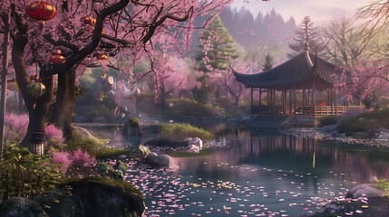 Canvas Print - Serene Japanese Garden with Cherry Blossoms and a Wooden Pavilion