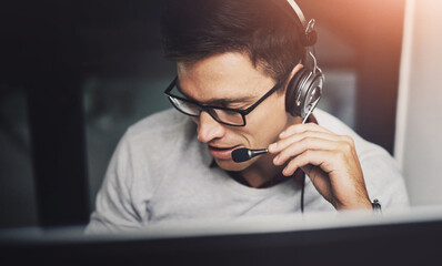 Poster - Business man, agent and night call center for customer support, helping and software troubleshooting on computer. Consultant talking with headphones for e commerce or information technology solution